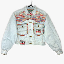 Get Used By Elie Womens Jacket Small Blue Denim Crop Trucker Patchwork Vintage