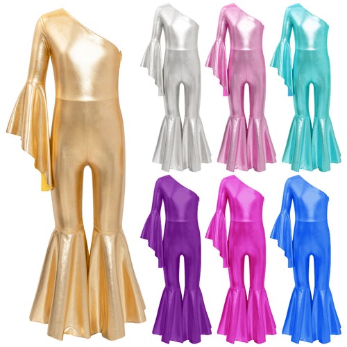 Kids Girls Romper Flare Sleeve Bodysuit One Shoulder Dance Jumpsuit Full Body - Picture 9 of 94