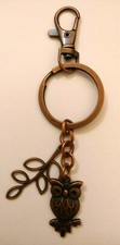 New Owl Branch Leaf Keychain Key Clip Ring Antique Copper Bag Charm Decor