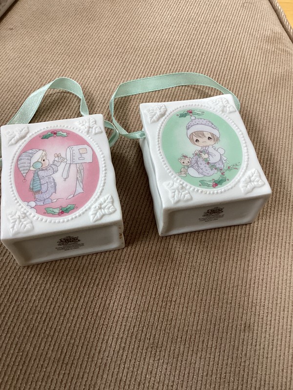 Two Precious Moments Porcelain Miniature  Christmas Bags / Ornaments