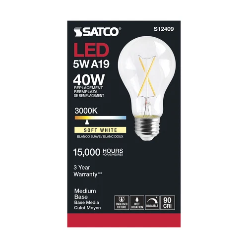 S12409 LED Filament Bulb 120V 5W 40W A19 Medium E26 Base Clear 2700K Warm White - Picture 4 of 7