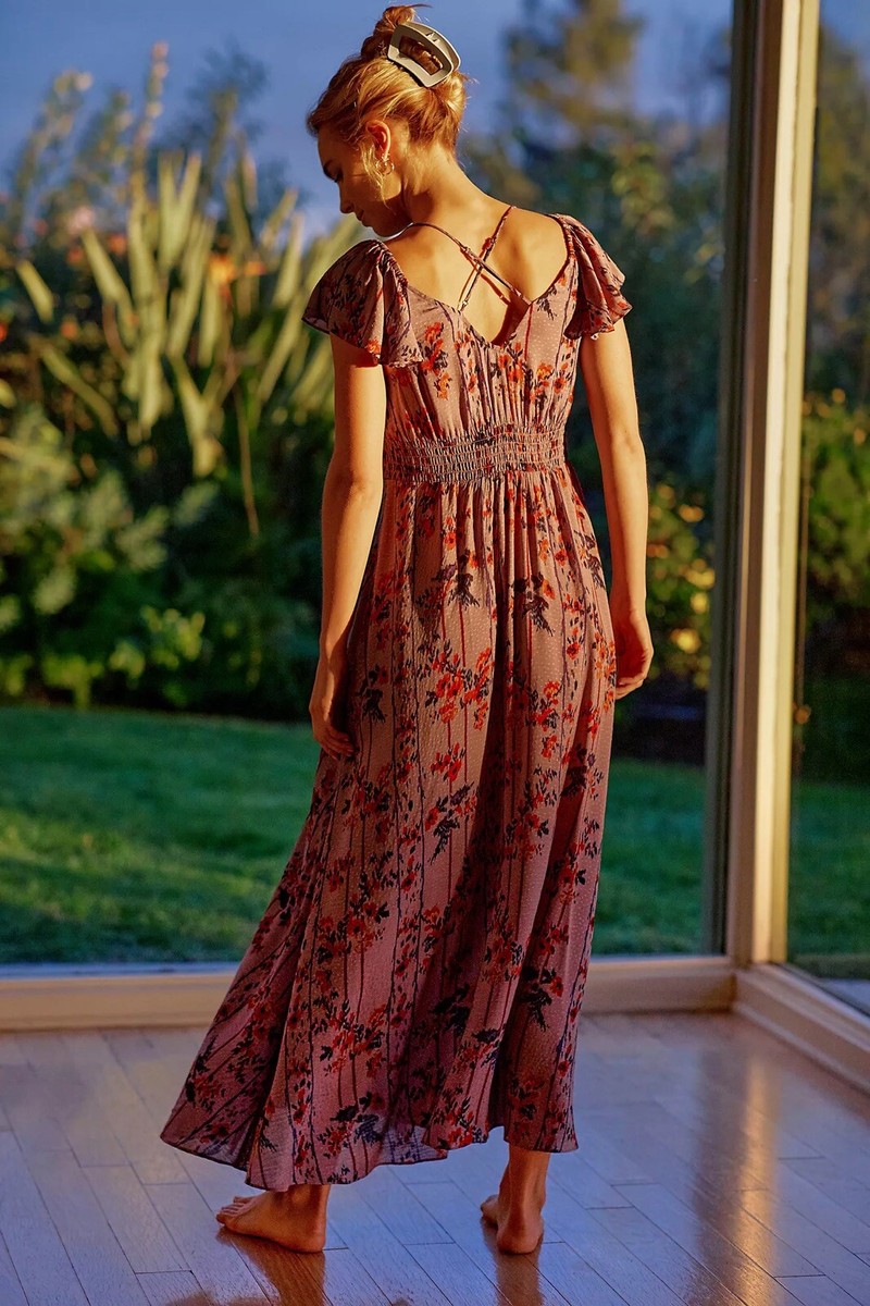 Anthropologie Flutter-Sleeved Floral Midi Dress Lilac Floral Cross Back