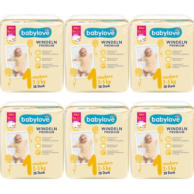 6 x 28 Windeln | babylove Windeln Premium Gr. 1 Newborn 2 - 5 kg ohne Parfum