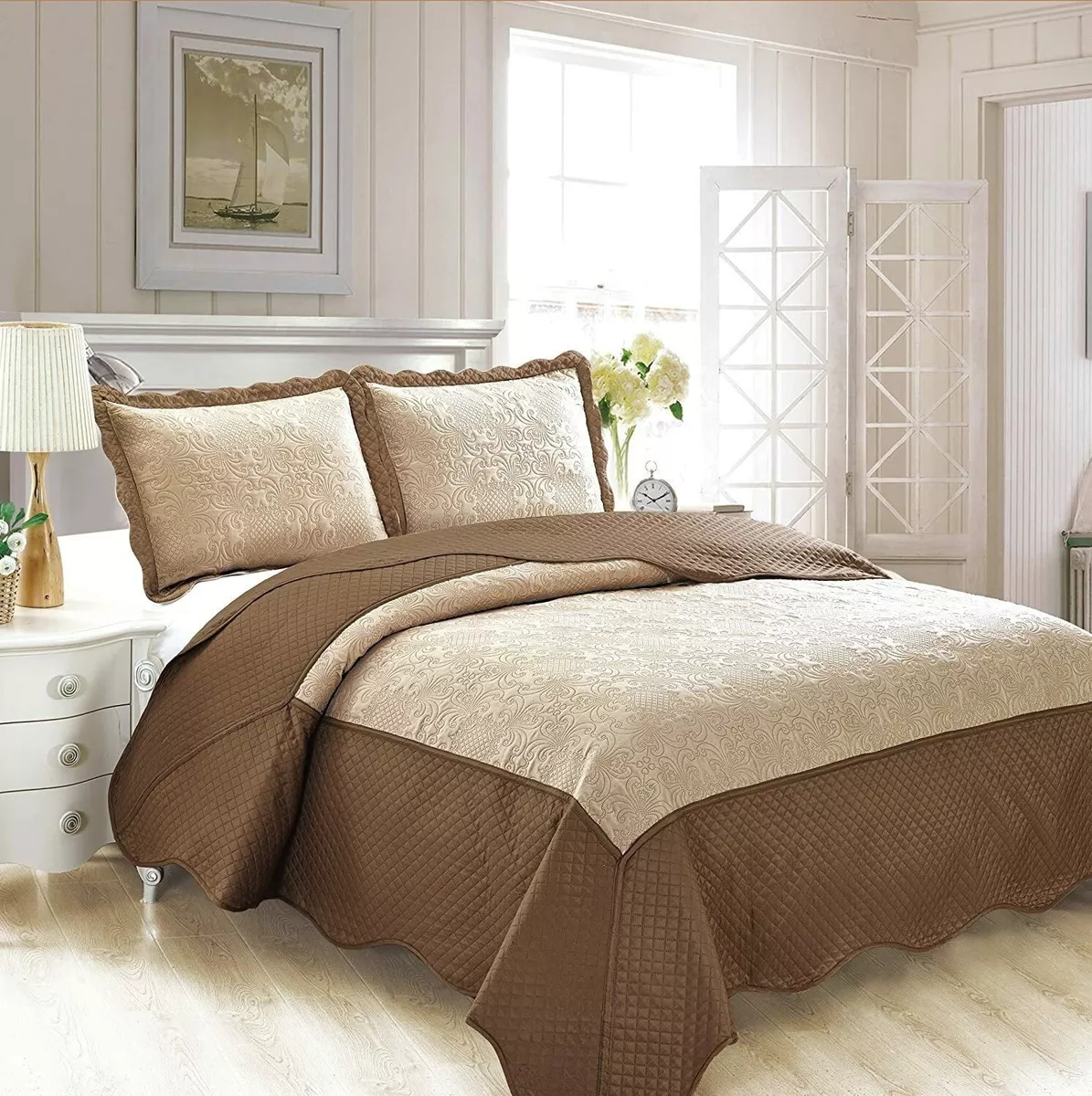 Linen Plus Oversized Luxury Bedspread Coverlet Embossed Set BROWN Twin Twin XL