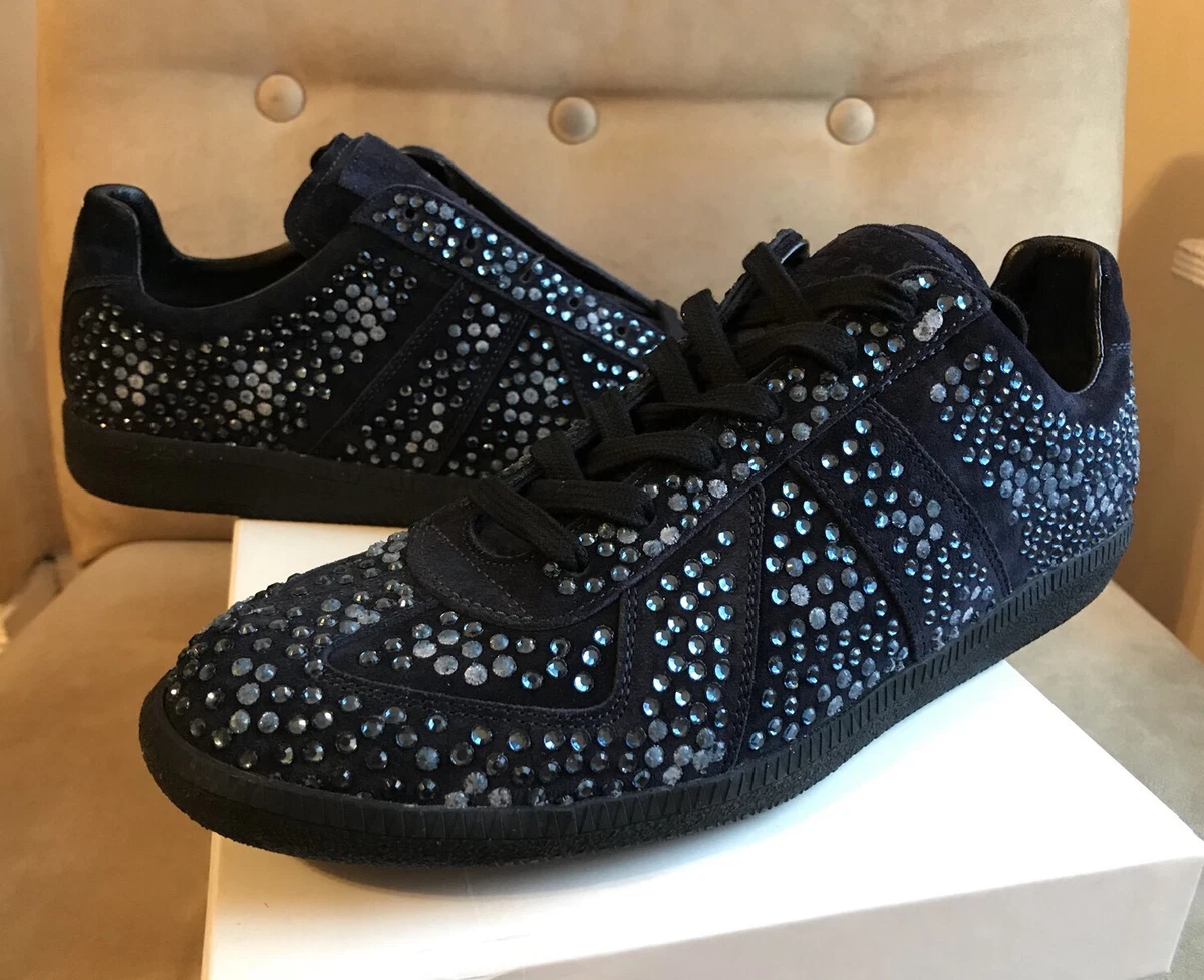 MAISON MARGIELA STUDDED NAVY BLUE SUEDE SWAROVSKI LOW TOP SNEAKERS 9 42 LMT ED