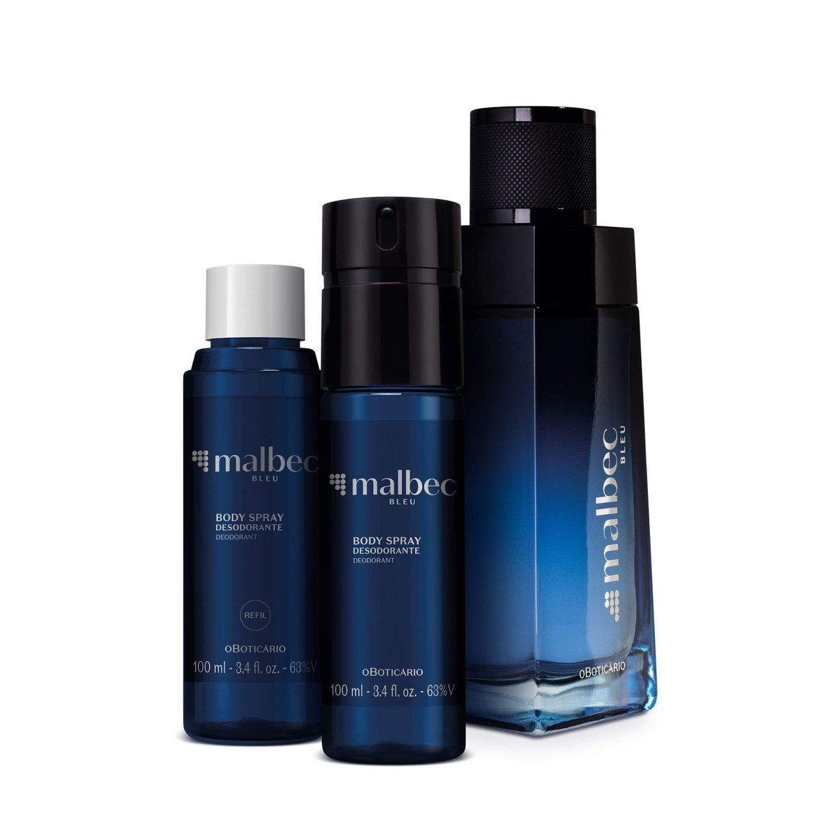 Kit Malbec Bleu: Deodorant Cologne 100ml Body Spray 100ml Refil 100ml  o Bo