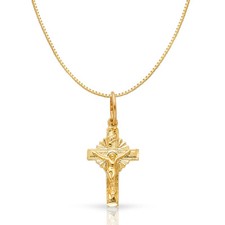 14K Yellow Gold Religious Crucifix Charm Pendant with 0.8mm Box Chain Necklace