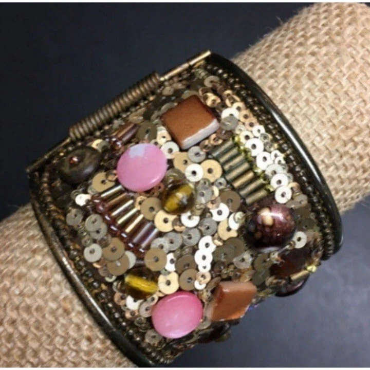 铰边袖口手链 As Is 紫色粉色棕色青铜亮片 MOP 水钻 BoHo — 第 3/4 张图片