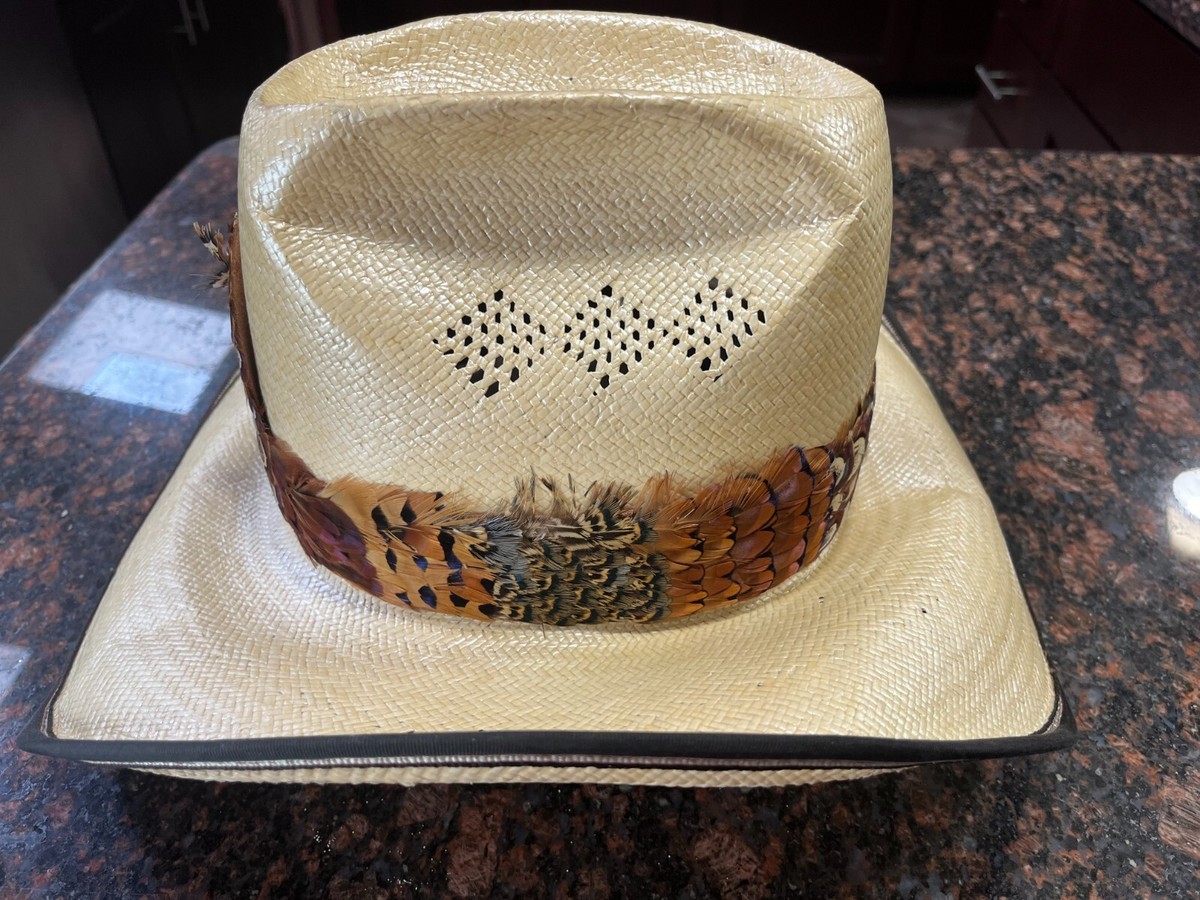 Stetson Roadrunner Straw Cowboy Hat 6 7/8 Full Feather band 