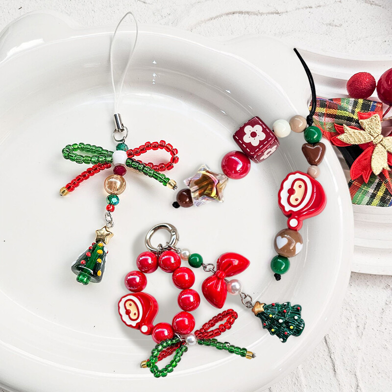 Cute Christmas Phone Lanyard with Xmas Bow Pendant Keychain