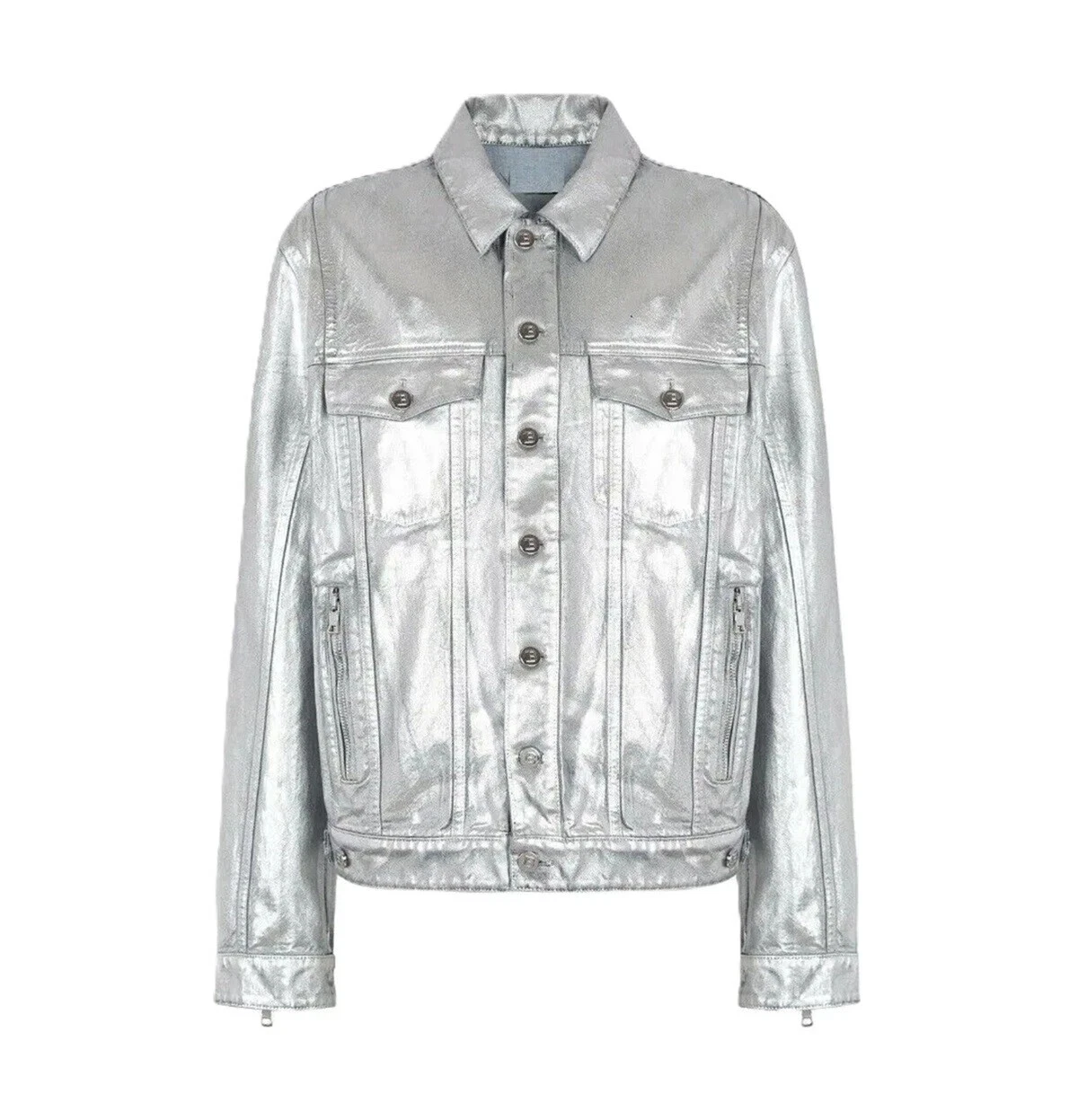 Men's Silver 100% Genuine Lambskin Leather Jacket Denim Style Trucker Jacket