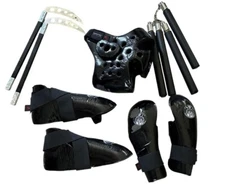 Karate Black Head Gear, Gloves & Shoes.  Includes 2 Nunchucks And 2 Kamas