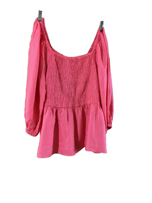 M+S 100% Leinen Top Gr.16 Gummizug Mitte 3/4 Ärmel eckiger Ausschnitt Flamingo rosa