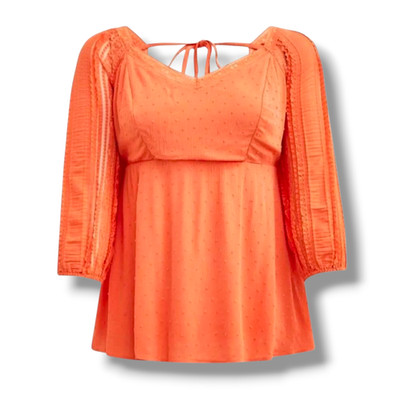 Torrid Plus Size 4X Orange Swiss Dot Babydoll Blouse Lace Sleeve Smocked Top