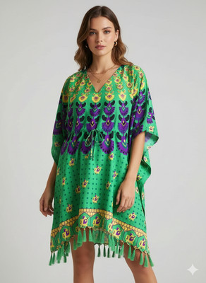 African Print Green Kaftan Dress   V-Neck Short Tassel Beachwear Polyester 31''
