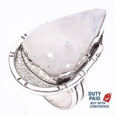 Natural Rainbow Moonstone 925 Sterling Silver Statement Band Ring Jewelry Size 7