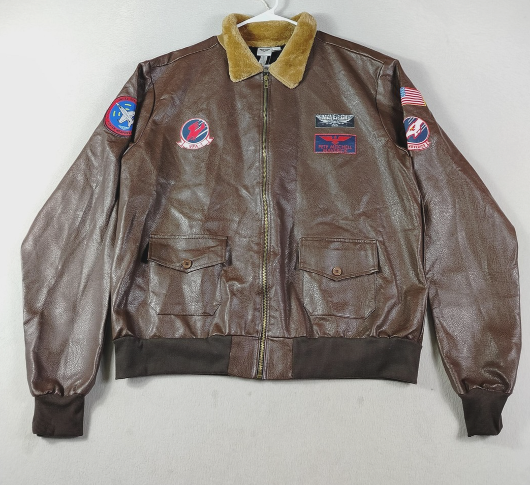 Top Gun Maverick Jacket Mens 44 Brown Faux Leather Bomber Costume