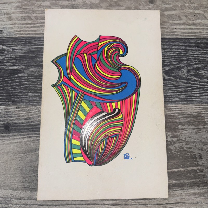 Vintage 1970 Abstract Psychedelic Geometric Painting Neon Pop Art Space Age .