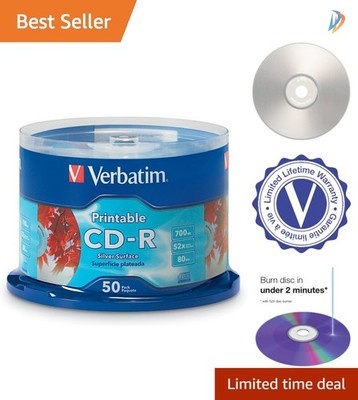 CD-R Blank Discs 50pk: High-Quality Silver Inkjet Printable 700MB 80min Capacity