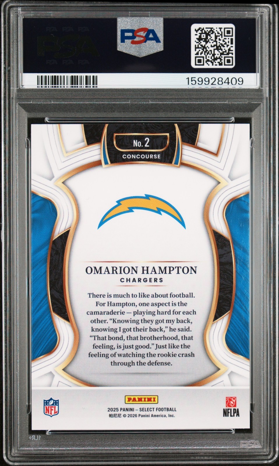 2025 Panini Select #2 Omarion Hampton RC PSA 10 GEM MINT Chargers Rookie view 2