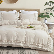 Beige Ruffled Comforter Set King Boho Bedding Set Cream White Fringe