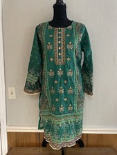 Pakistani Salwar Kameez Green Embroidered 2pc Kurta Pant Set Women M
