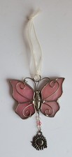 Ganz Silver  Pink Stained Glass Butterfly Suncatcher w/Sunflower Charm