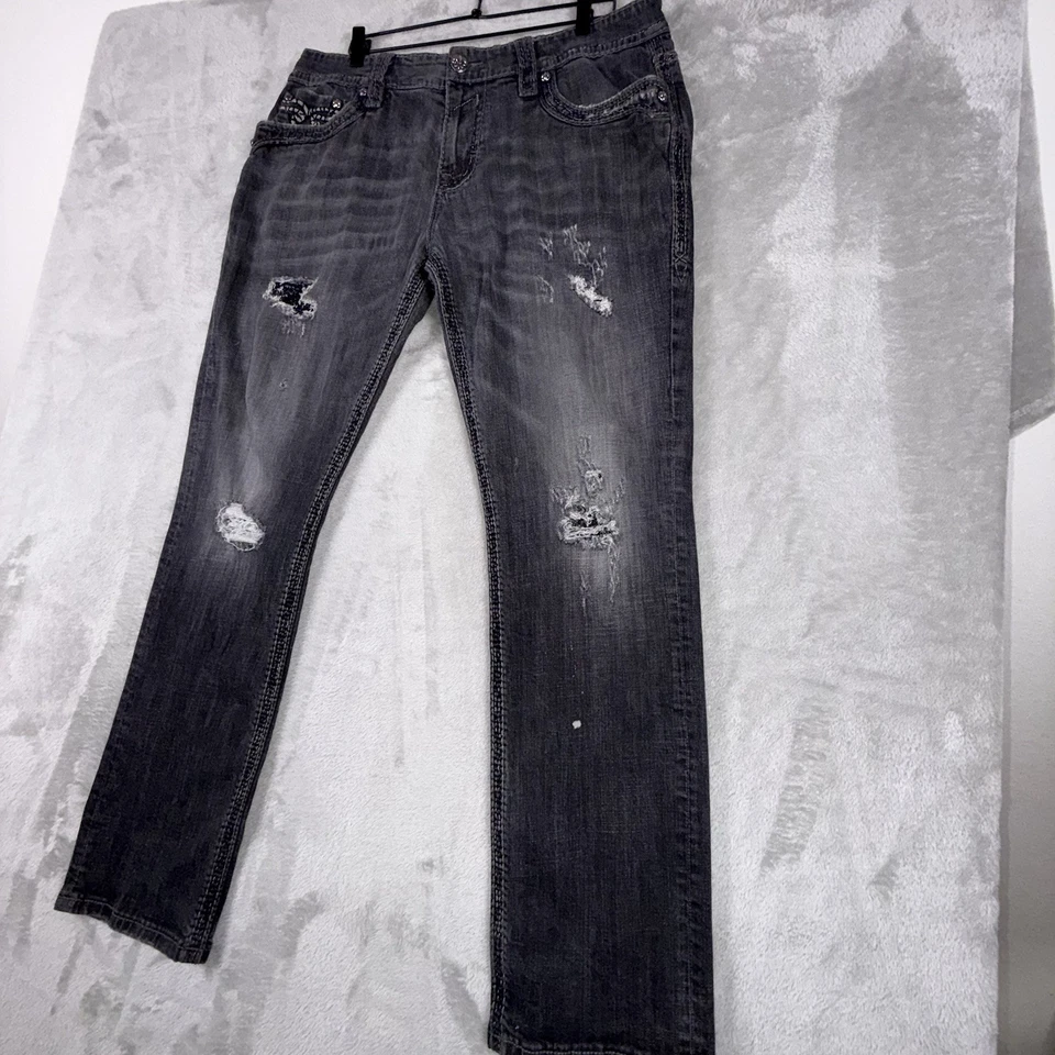 Pantalones de mezclilla Rock Revival “Steven” rectos para hombre 38 X 33 negros desgastados punto grueso Foto 3 de 4