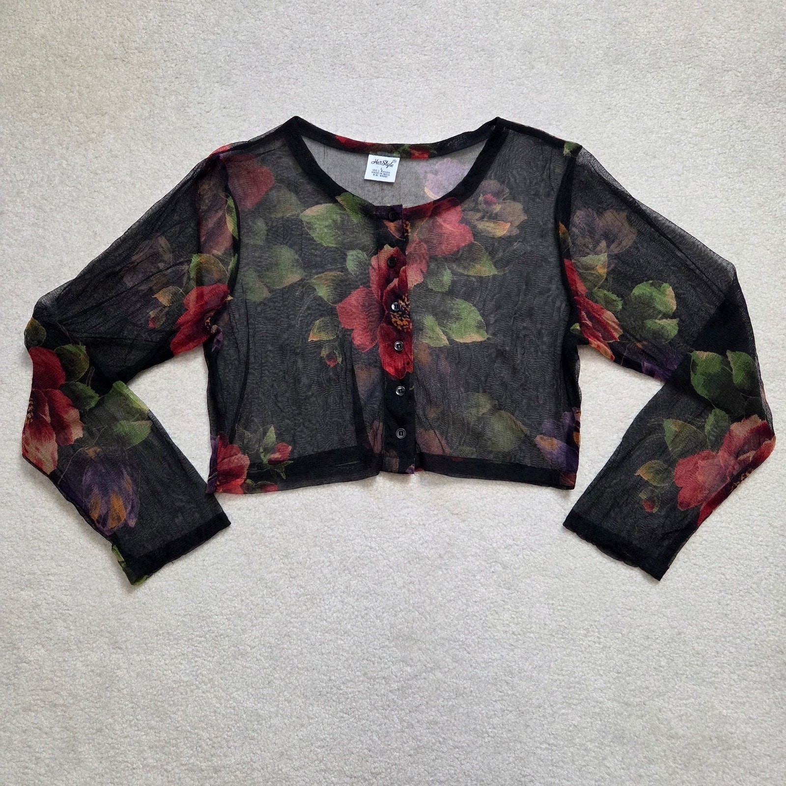 NWOT Her Style L Sheer Mesh Long Sleeve Button Front Scoop Cropped Top Blouse
