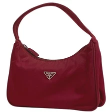 PRADA Plate Handbag Shoulder Bag Nylon Red 23cm #BS1759