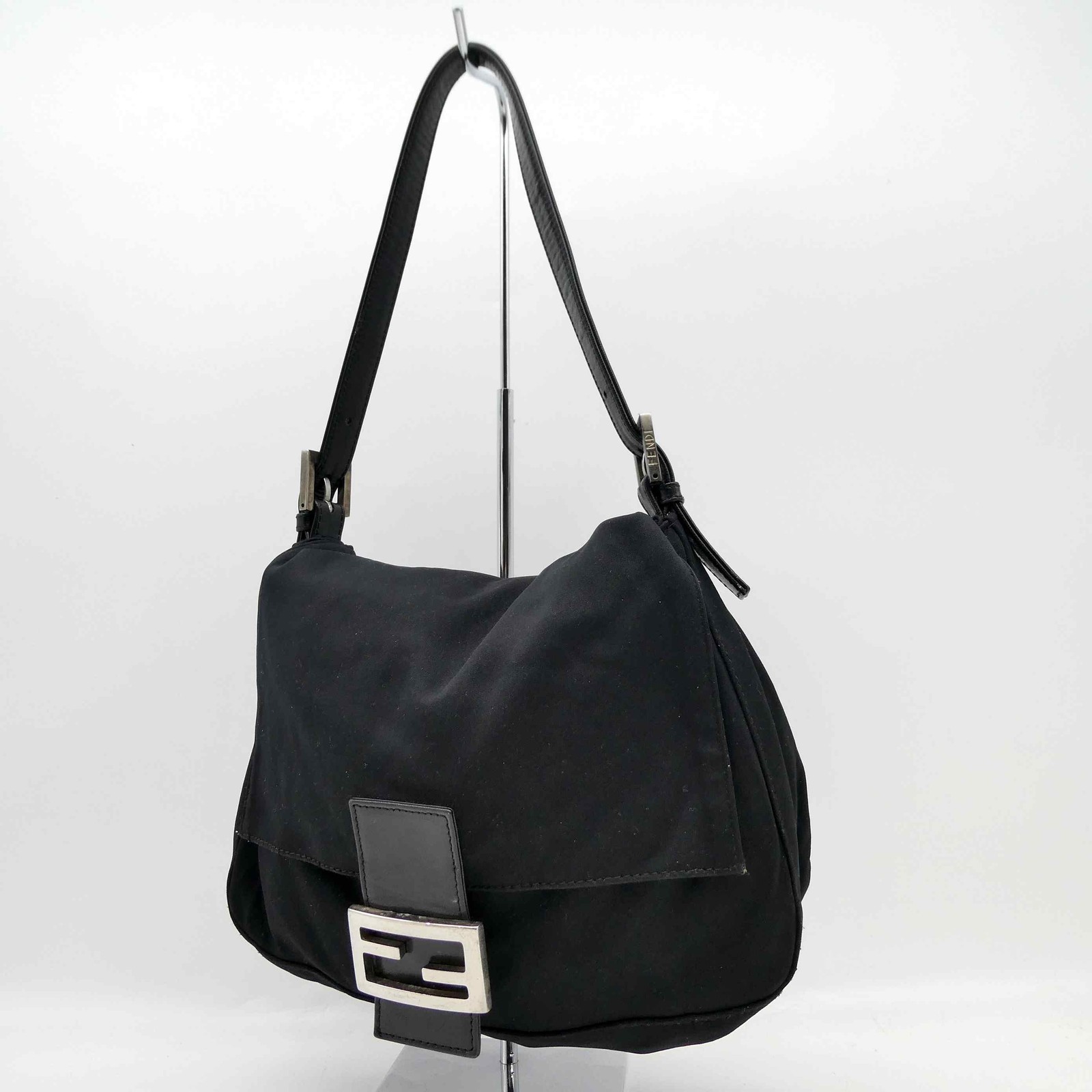 FENDI Mamma Baguette Shoulder bag FF Logo Handbag Black Cotton Leather Auth 953
