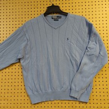 VTG Polo Ralph Lauren Cotton Sweater, Mens XL, Light Blue, Knit, Hong Kong Vneck