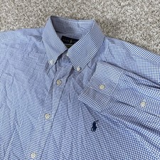 Ralph Lauren Shirt Mens Large Blue White Gingham Cotton Stretch Button Down