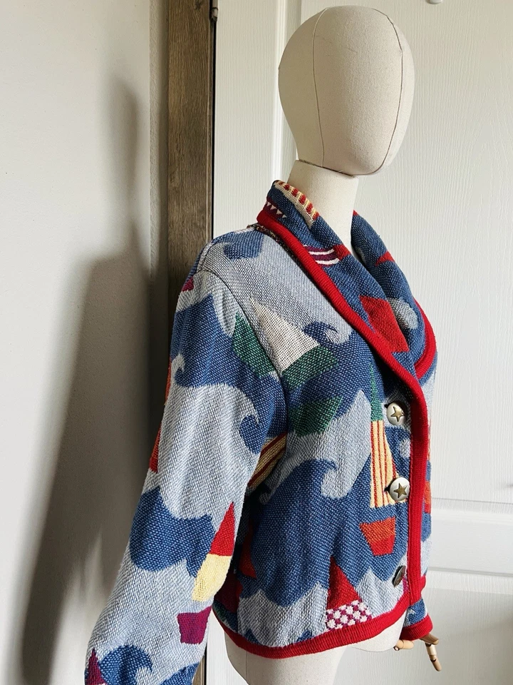 Винтажный окрашенный пони женщин гобелен куртка геометрический абстрактный паруса лодки океана OS - Изображение 4 из 4