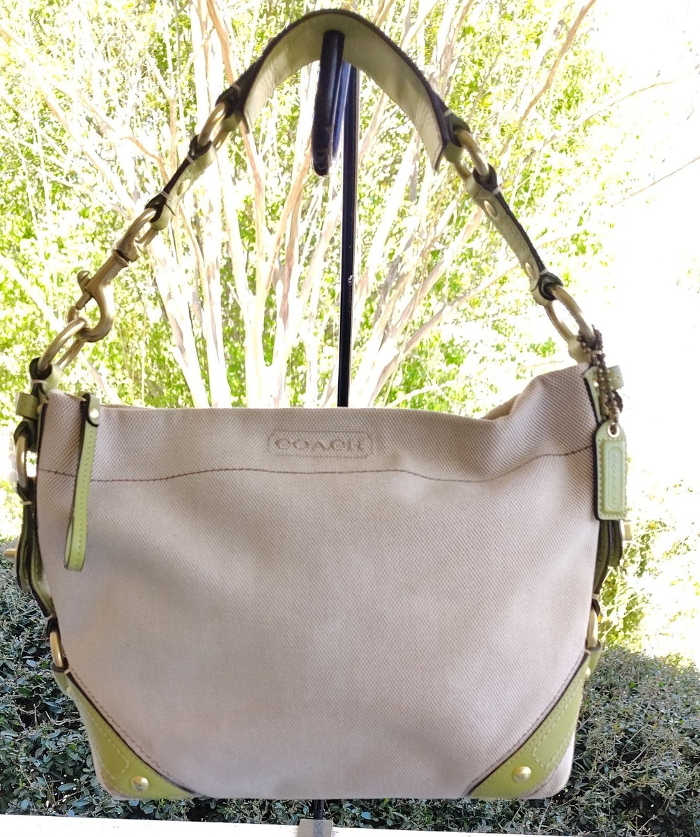 Coach Vintage SMALL 10448 Carly Beige Canvas & Green Leather Trim
