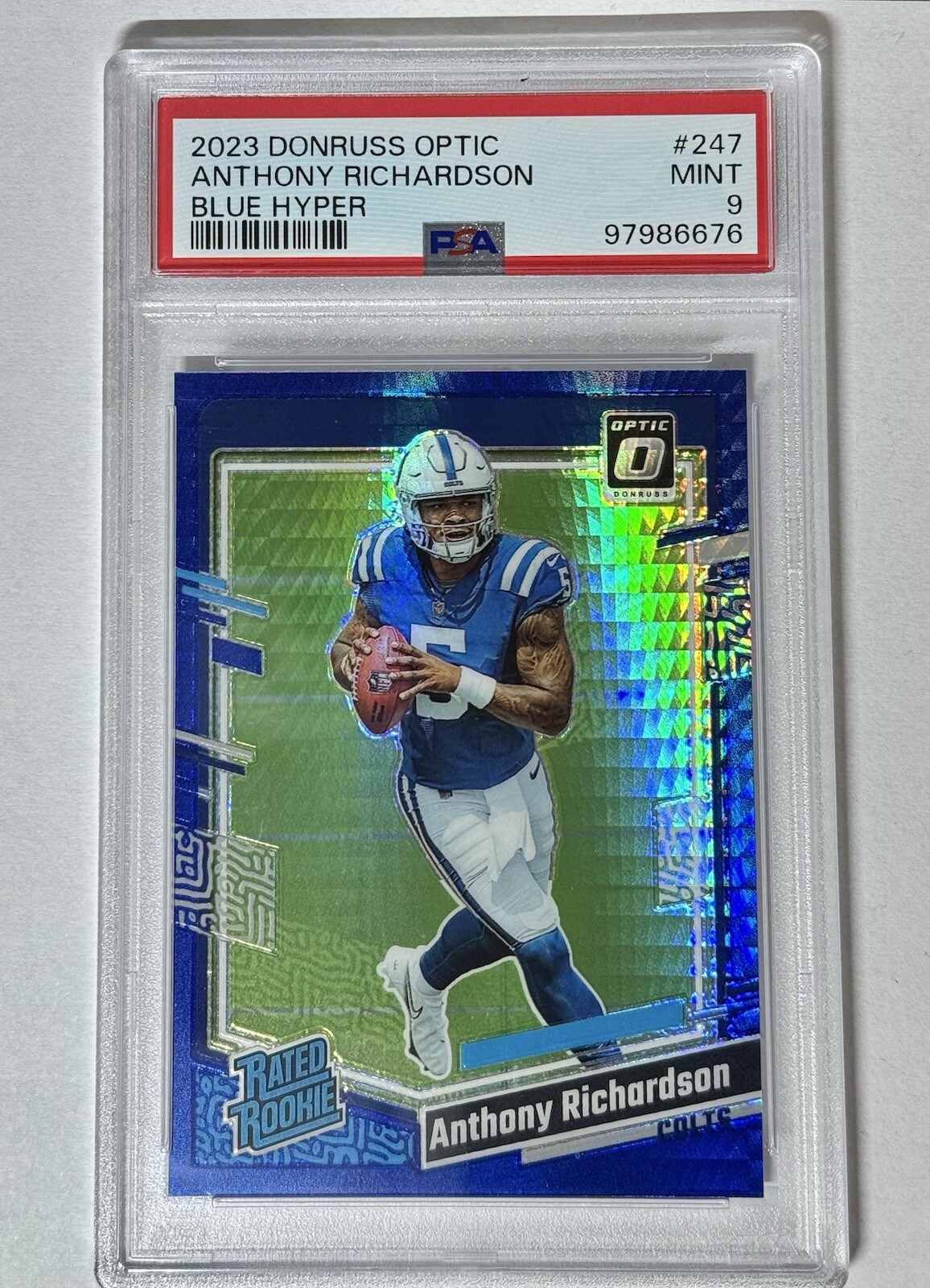 2023 Donruss Optic Anthony Richardson Rated Rookie Blue Hyper Prizm #247 PSA 9