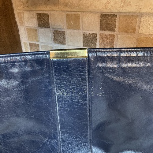 Vintage 80s Navy Blue Leather Clutch Purse Hand Bag Zipper Gold Brass Minimalist - Picture 24 of 24