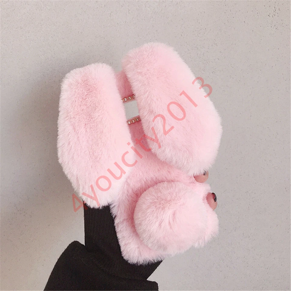 Luxo Bling Glitter Diamante Pelúcia Coelho Fofo Pele de Coelho Capa Telefone Pele - Imagem 3 de 4