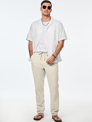 Mens Cotton Pants Casual Elastic Waist Drawstring Lightweight Summer Beach Trous