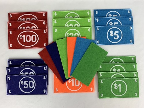 Felt Play Money 25 Bills & 20 Coins Waldorf Montessori Flashcards Rainbow Cloth - Picture 10 of 11
