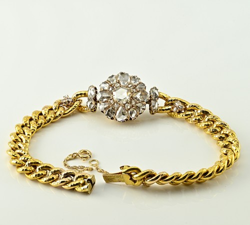 Victorian Rose Cut Diamond 10 KT Gold Curb Bracelet - Picture 3 of 10
