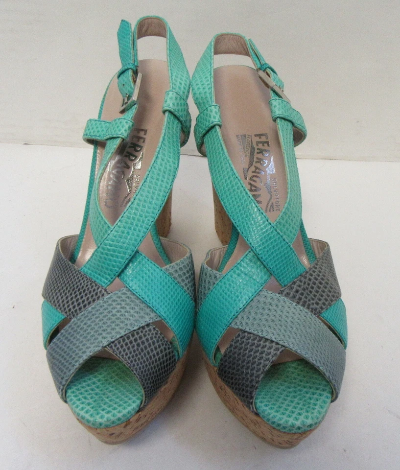 SALVATORE FERRAGAMO Sandalias Plataforma Glenna Cuero Repujado Turquesa Talla 7.5 Foto 3 de 4
