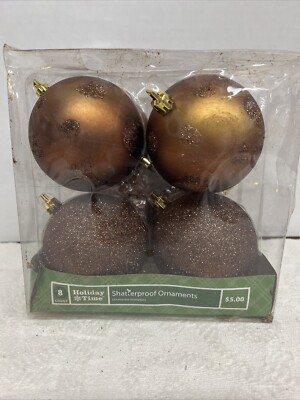 Lot 8 Holiday Time Shatterproof Christmas Ornaments/Balls Brown Around 3 