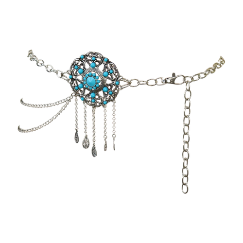 Women Silver Metal Chain Skinny Belt Turquoise Blue Ethnic Flower Charm XS S M - Picture 4 of 24