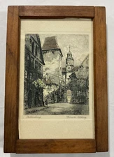 Rothenburg ob der Tauber colored etching print in antique Eastman Kodak frame