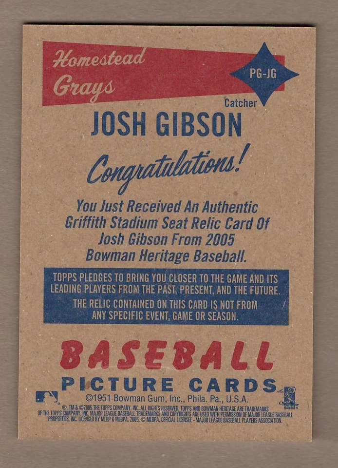 JOSH GIBSON 2005 Bowman Heritage PIECES OF GREATNESS SEAT RELIC Griffith Stadium - Image 2 of 2