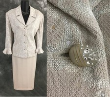 BEAUTIFUL St John evening knit beige multi rhinestones pearl skirt suit 10 12