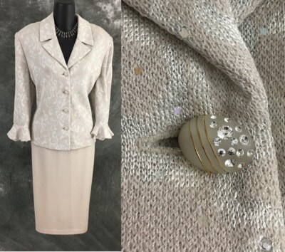 BEAUTIFUL St John evening knit beige multi rhinestones pearl skirt suit 10 12