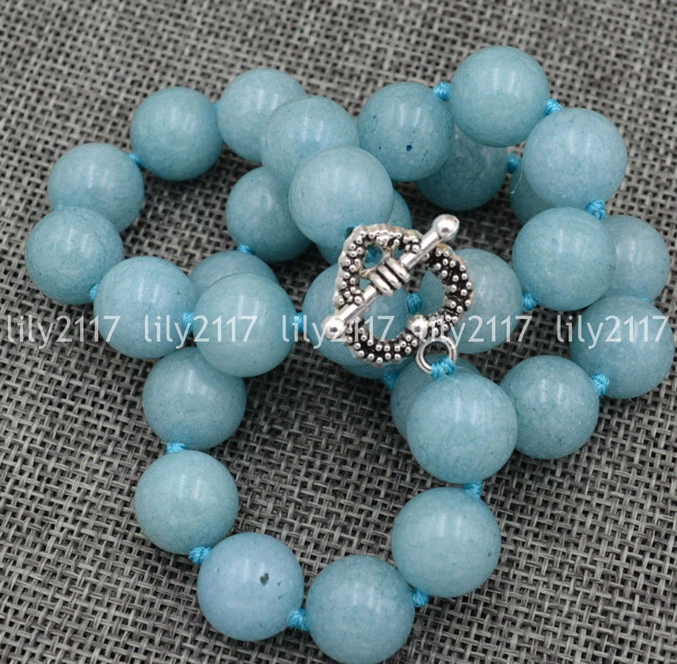 Natural 12mm Brazil Aquamarine Gemstone Necklace Tibetan silver love clasps 18'' - Image 3 of 4