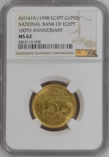 EGYPT , GOLD 1 POUND 1998 NATIONAL BANK OF EGYPT 100TH ANNI. - NGC MS 62 ,  RARE - Picture 1 of 2